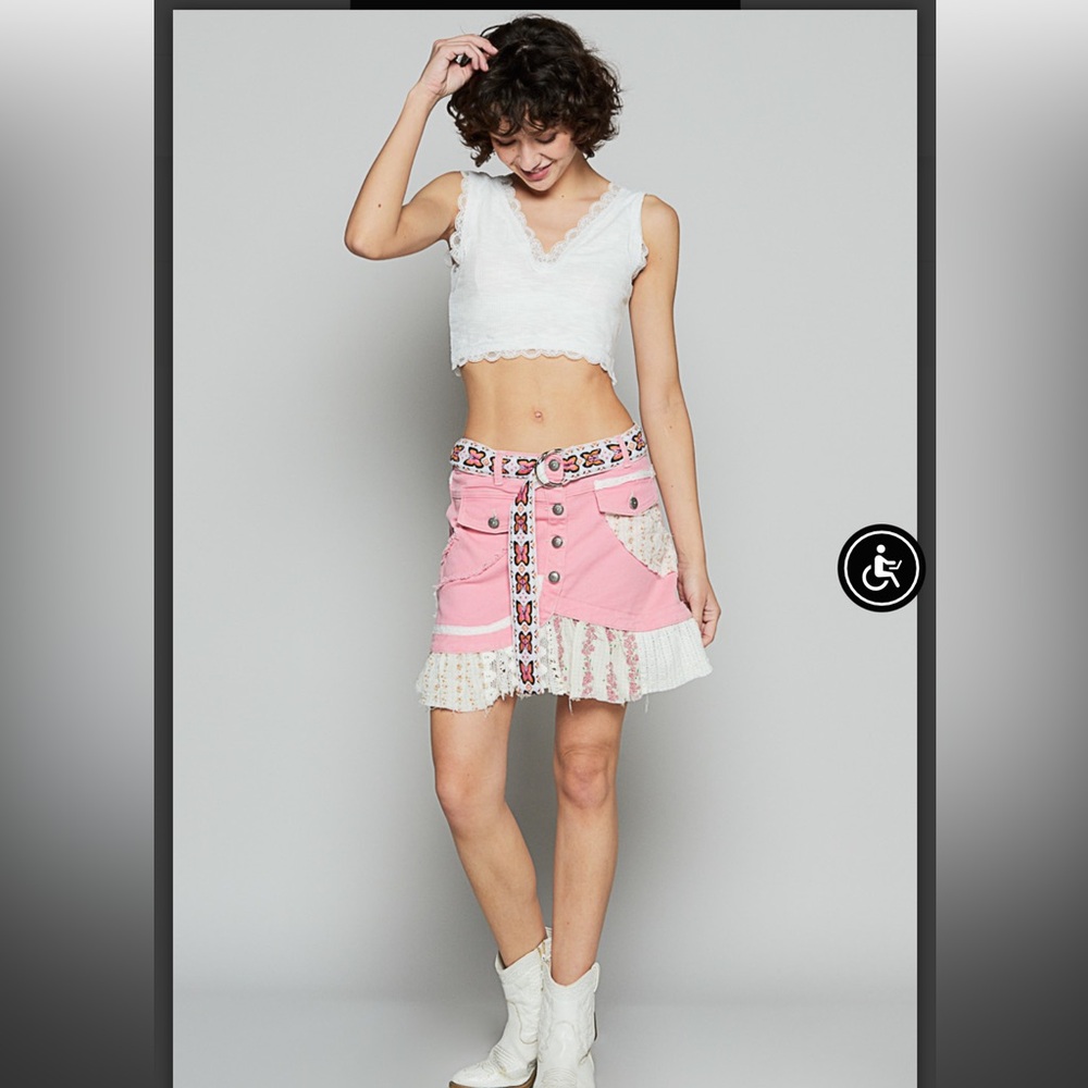 POL Pink and White Lace Mini Skirt